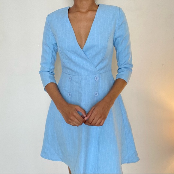 coffee and magazine Dresses & Skirts - Korean brand ‘coffee and magazine’ pinstripe A line baby blue blazer dress.